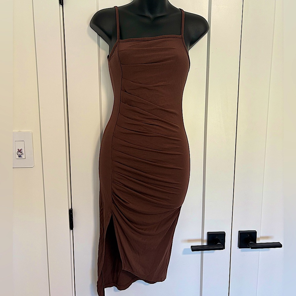 Cider Fitted Aysmetrical Brown Midi Dress Size XS